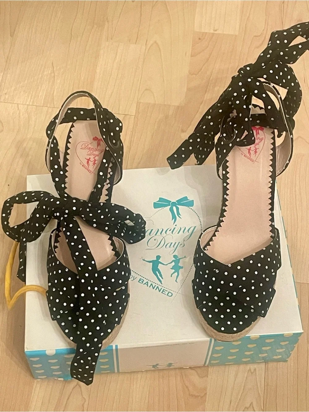 Polka Dot Ankle Tie Wedge Sandals - Black